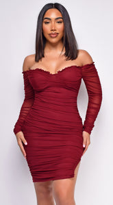 Destiny Burgundy Red Off Shoulder Ruched Dress